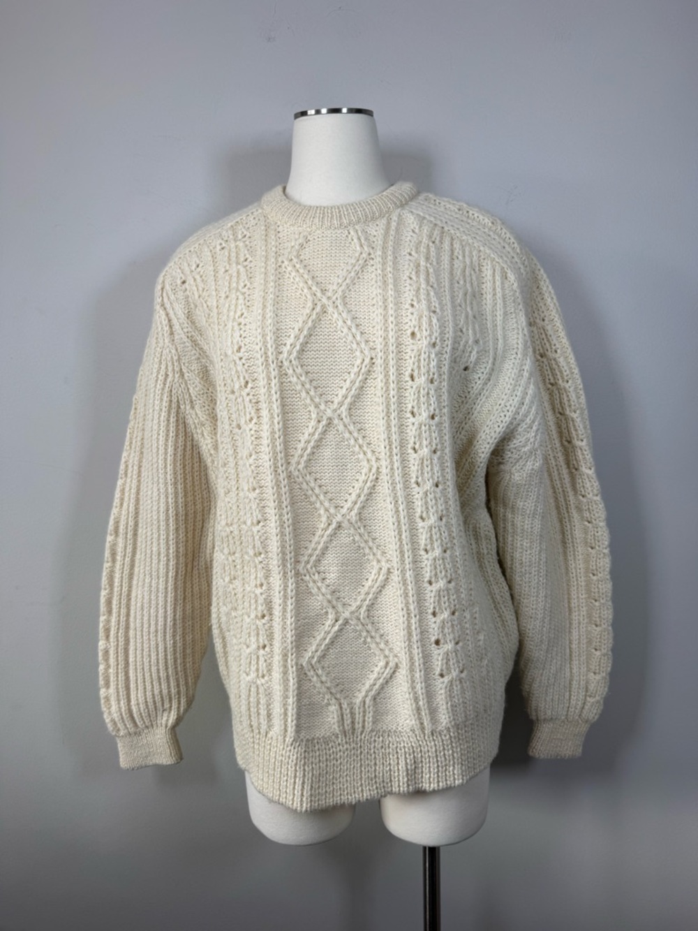 Island Craft Scotland Vintage Wool Textured Cream Cable Crewneck Sweater Large